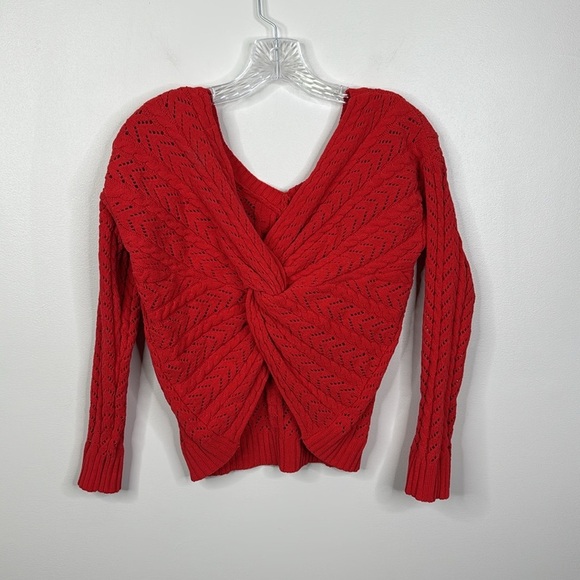Jessica Simpson Cropped Knotted Red V-Neck Cable Knit Sweater Women's Size Small - Picture 4 of 5